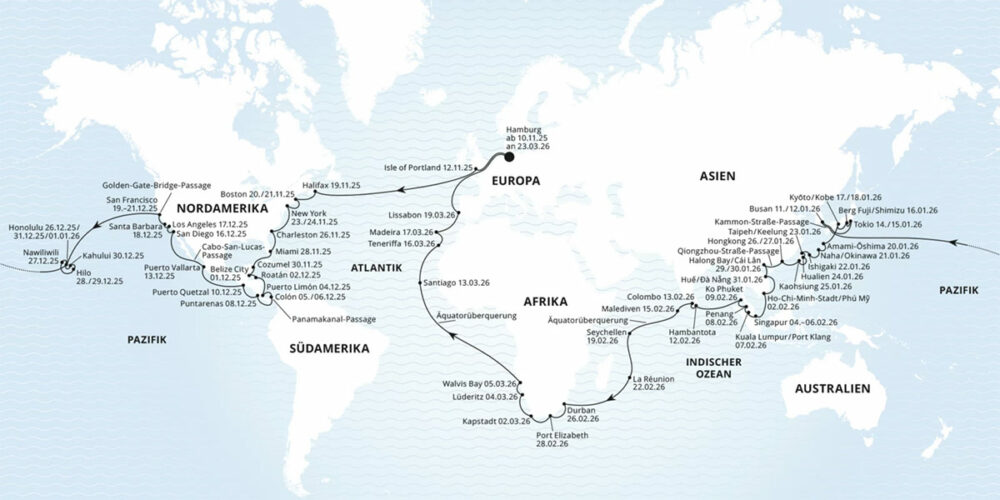 AIDA Weltreise Route 2025/2026