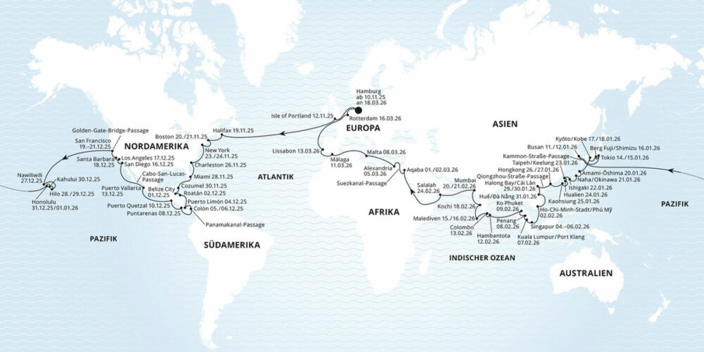 AIDA Weltreise Route 2025/2026